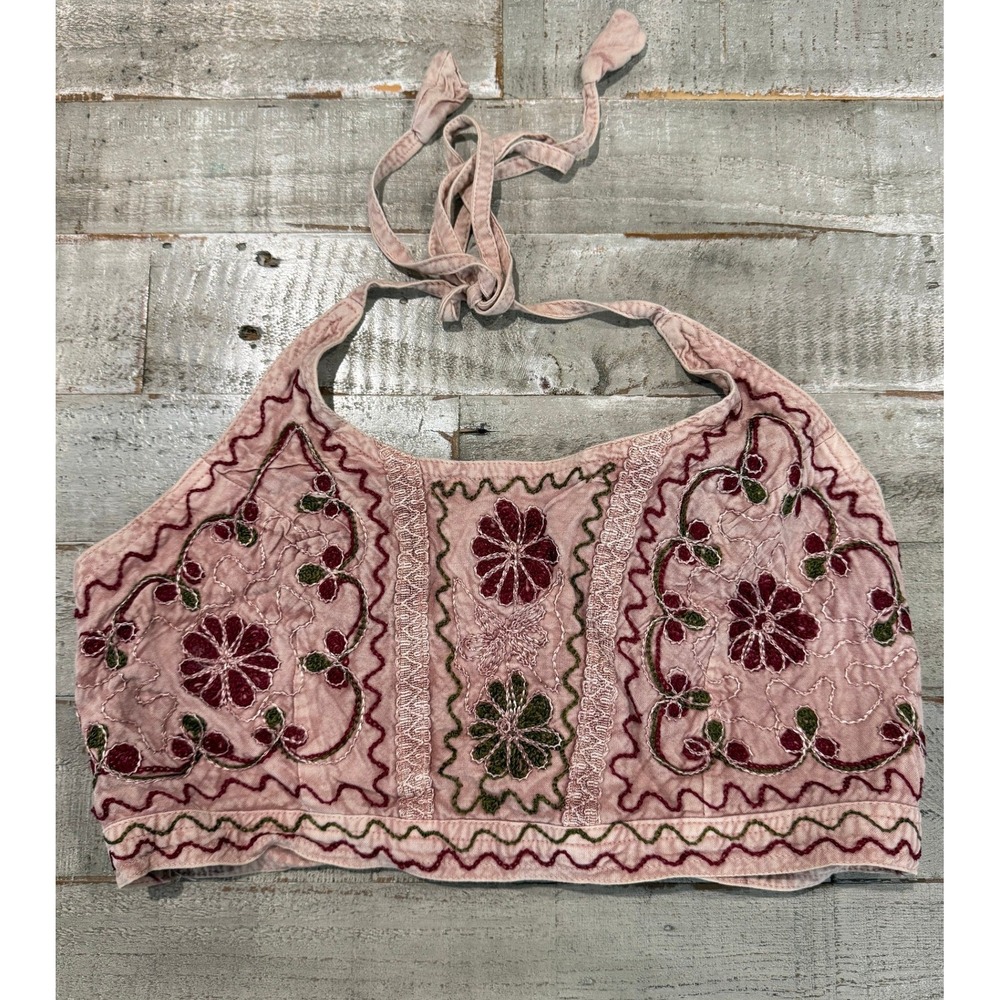 The Om Company Pink Floral Embroidered Halter Top Boho Festival Gypsy One Size